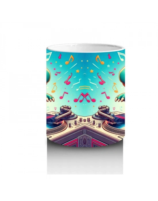 Çocuklara Sütü Sevdiren DJ Dinozor ve Müzik Dolu Parti Desenli Kupa Bardak