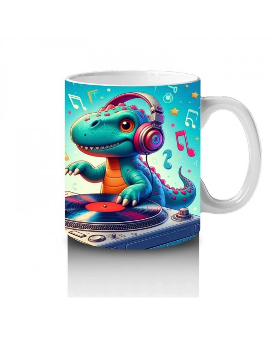 Çocuklara Sütü Sevdiren DJ Dinozor ve Müzik Dolu Parti Desenli Kupa Bardak