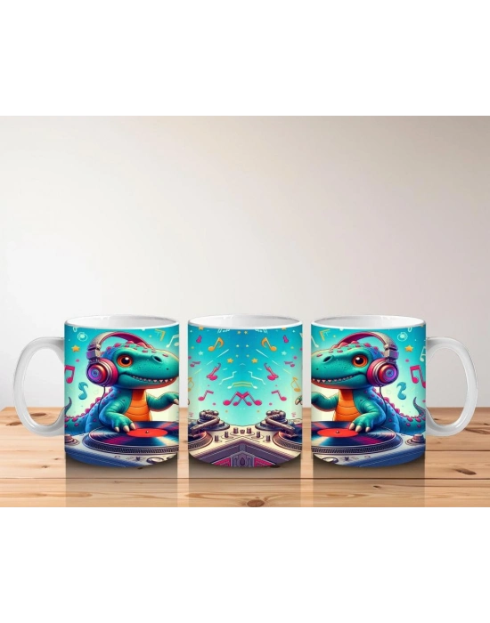 Çocuklara Sütü Sevdiren DJ Dinozor ve Müzik Dolu Parti Desenli Kupa Bardak