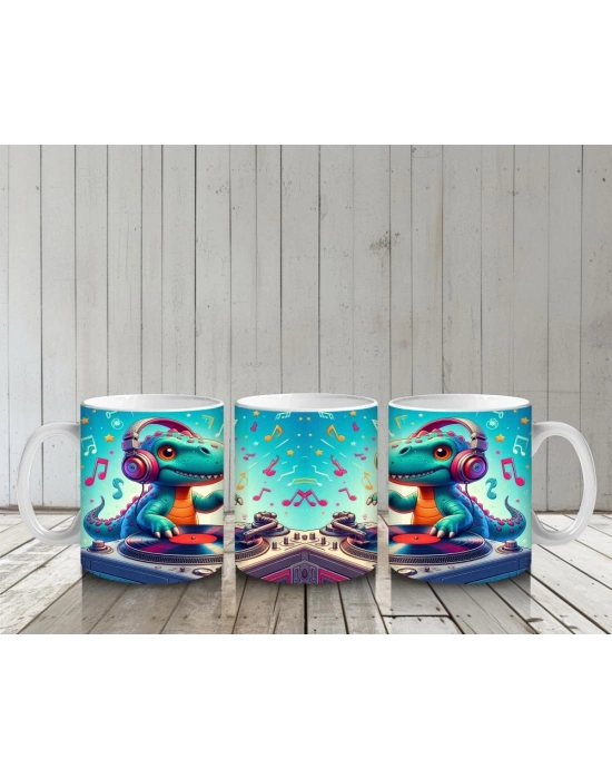 Çocuklara Sütü Sevdiren DJ Dinozor ve Müzik Dolu Parti Desenli Kupa Bardak