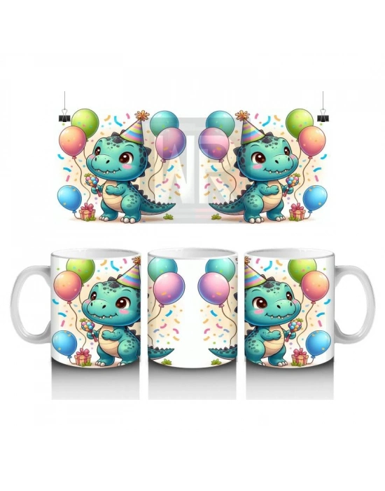 Çocuklara Sütü Sevdiren Doğum Günü Şapkalı Balonlu Dinozor Desenli Kupa Bardak