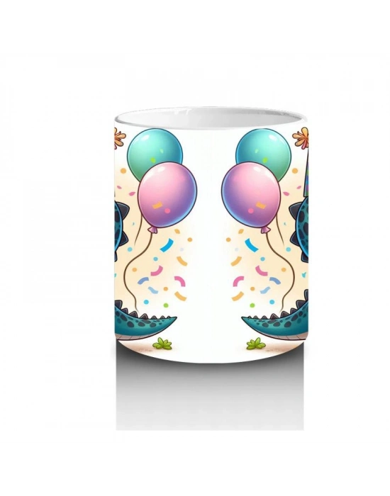 Çocuklara Sütü Sevdiren Doğum Günü Şapkalı Balonlu Dinozor Desenli Kupa Bardak