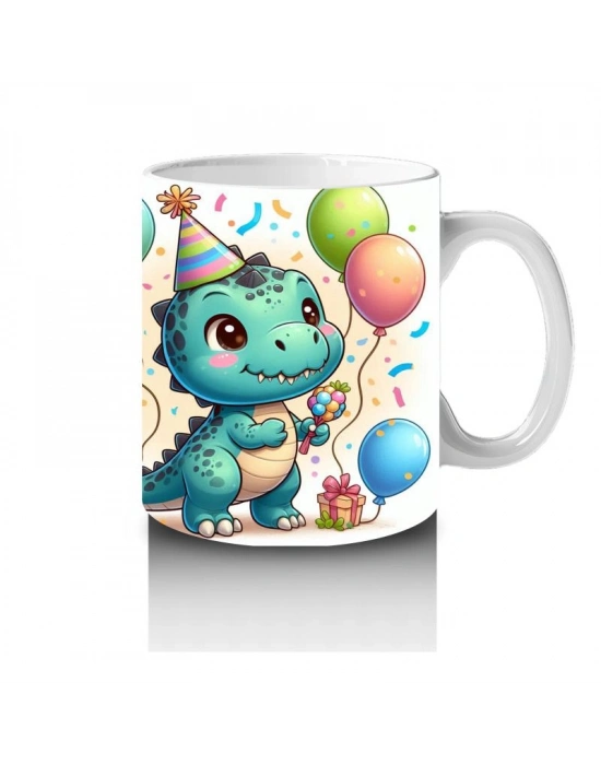 Çocuklara Sütü Sevdiren Doğum Günü Şapkalı Balonlu Dinozor Desenli Kupa Bardak