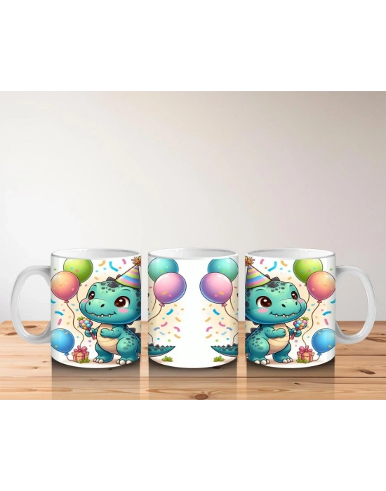 Çocuklara Sütü Sevdiren Doğum Günü Şapkalı Balonlu Dinozor Desenli Kupa Bardak