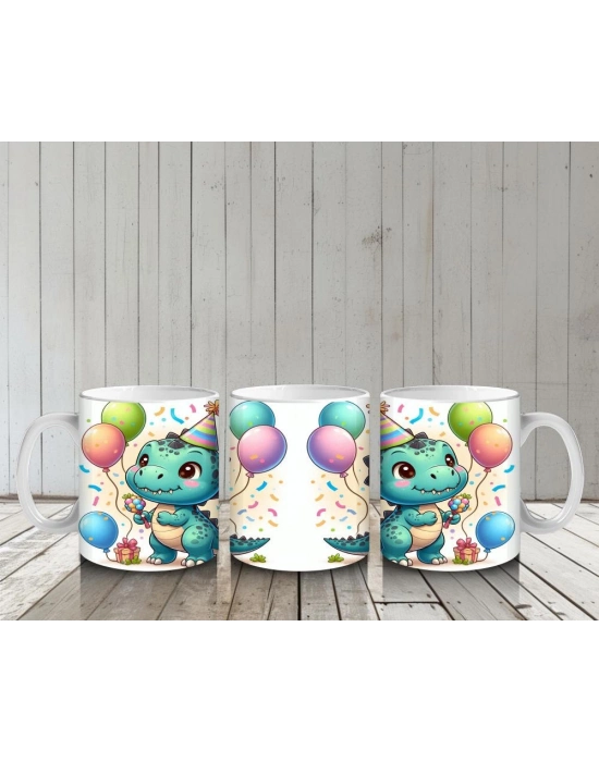 Çocuklara Sütü Sevdiren Doğum Günü Şapkalı Balonlu Dinozor Desenli Kupa Bardak