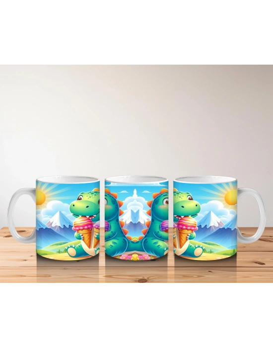 Çocuklara Sütü Sevdiren Dondurma Keyfi Yapan Dinozor Desenli Kupa Bardak