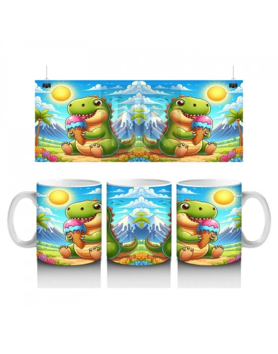 Çocuklara Sütü Sevdiren Dondurma Yiyen Sevimli Dinozor Desenli Kupa Bardak