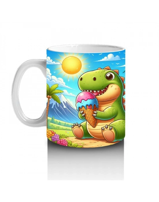 Çocuklara Sütü Sevdiren Dondurma Yiyen Sevimli Dinozor Desenli Kupa Bardak
