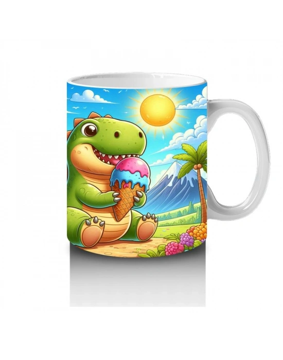 Çocuklara Sütü Sevdiren Dondurma Yiyen Sevimli Dinozor Desenli Kupa Bardak
