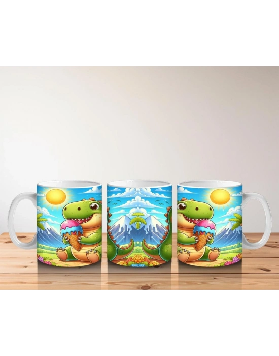 Çocuklara Sütü Sevdiren Dondurma Yiyen Sevimli Dinozor Desenli Kupa Bardak