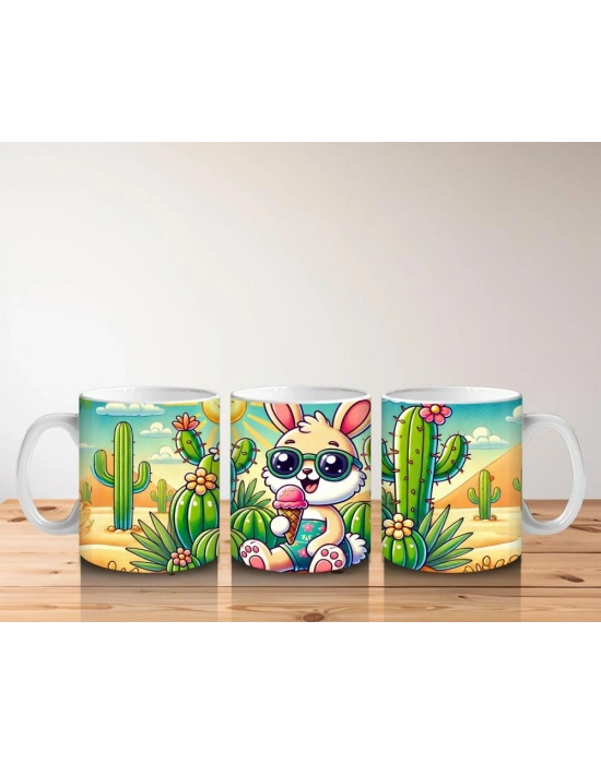 Çocuklara Sütü Sevdiren Dondurma Yiyen Sevimli Tavşan Desenli Kupa Bardak