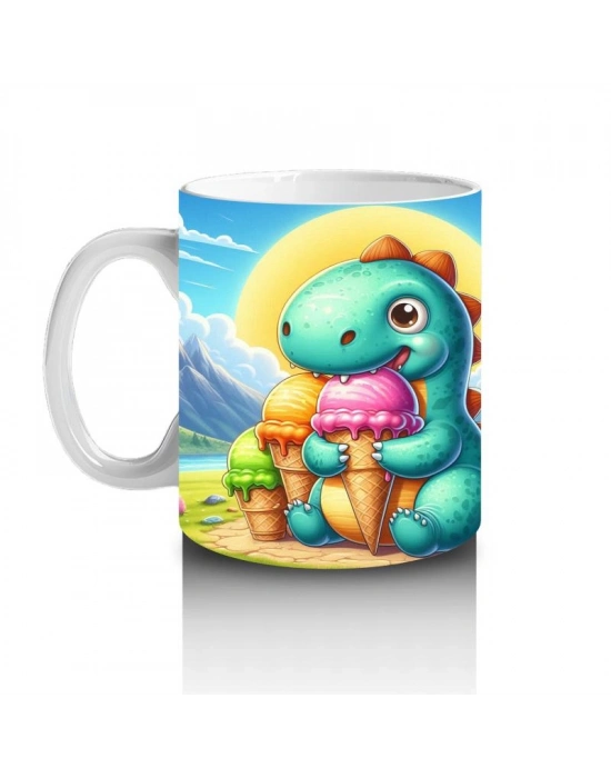 Çocuklara Sütü Sevdiren Dondurma Yiyen Tatlı Dinozor Desenli Kupa Bardak