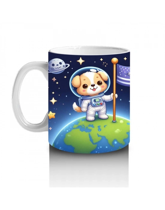 Çocuklara Sütü Sevdiren Dünyaya Bayrak Diken Astronot Köpek Desenli Kupa Bardak