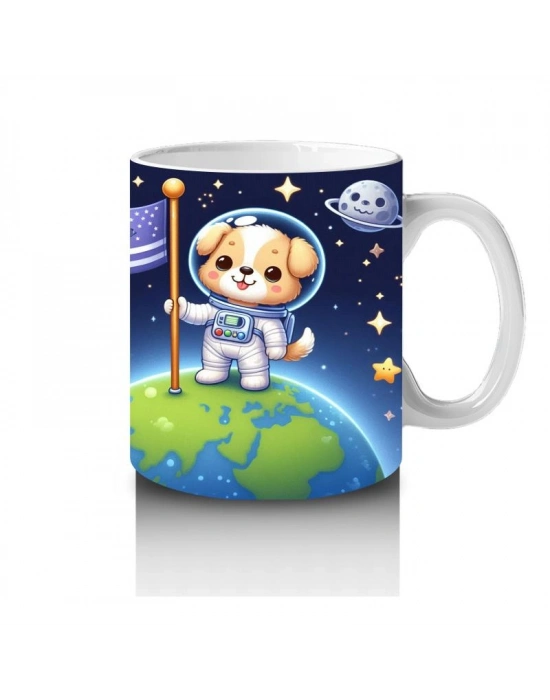 Çocuklara Sütü Sevdiren Dünyaya Bayrak Diken Astronot Köpek Desenli Kupa Bardak