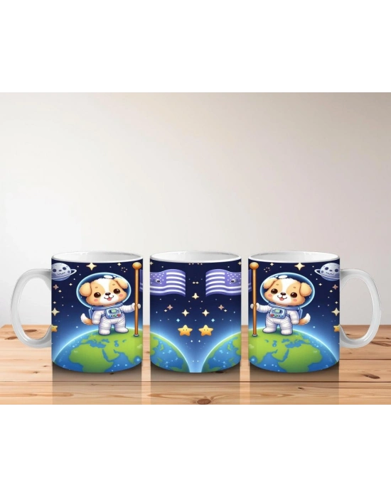 Çocuklara Sütü Sevdiren Dünyaya Bayrak Diken Astronot Köpek Desenli Kupa Bardak