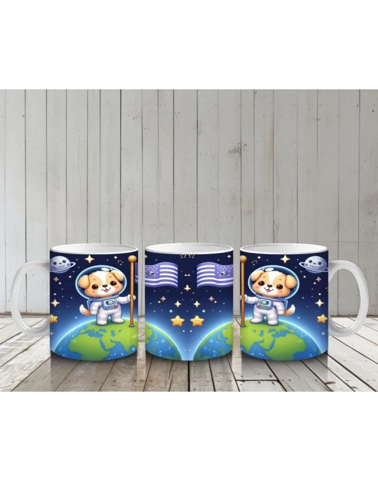 Çocuklara Sütü Sevdiren Dünyaya Bayrak Diken Astronot Köpek Desenli Kupa Bardak
