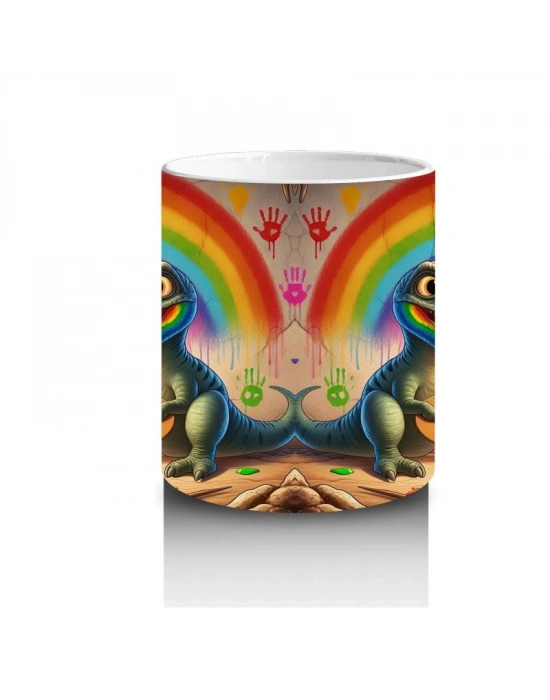 Çocuklara Sütü Sevdiren Duvara Gökkuşağı Çizen Sevimli Dinozor Desenli Kupa Bardak