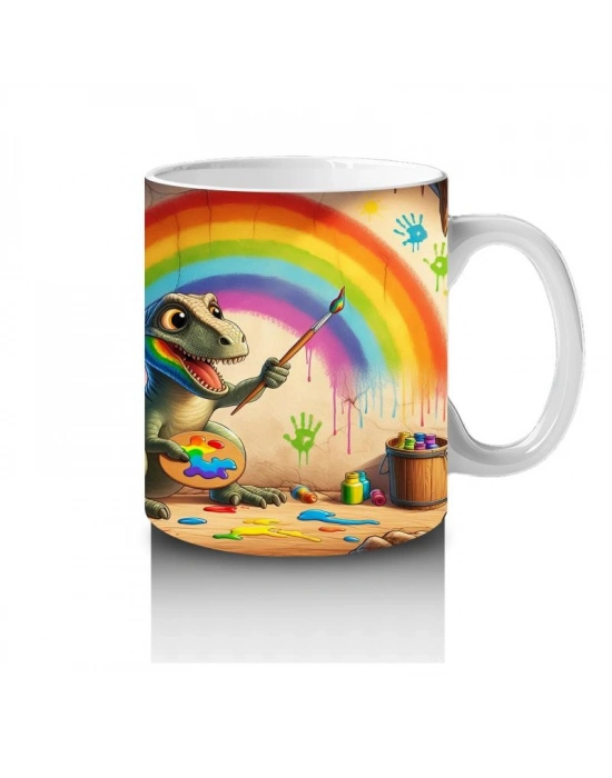 Çocuklara Sütü Sevdiren Duvara Gökkuşağı Çizen Sevimli Dinozor Desenli Kupa Bardak
