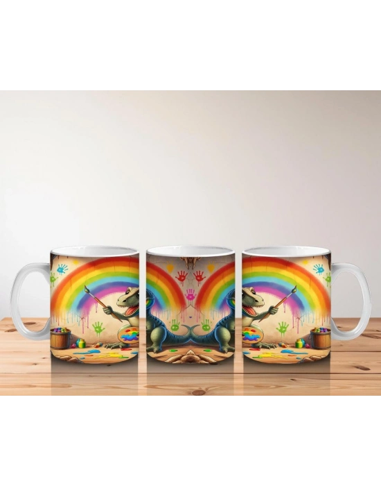 Çocuklara Sütü Sevdiren Duvara Gökkuşağı Çizen Sevimli Dinozor Desenli Kupa Bardak