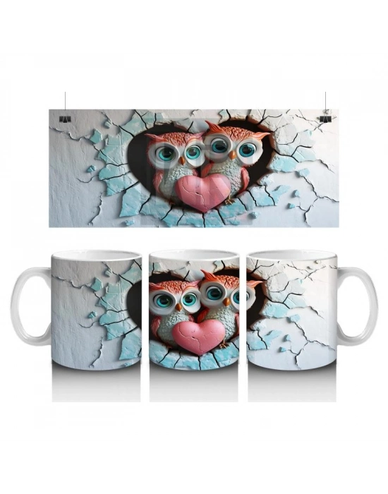 Çocuklara Sütü Sevdiren Duvarı Delip Bakan Kalp Baykuş Çifti Kupa Bardak