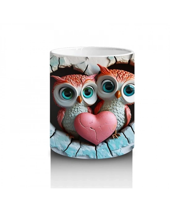 Çocuklara Sütü Sevdiren Duvarı Delip Bakan Kalp Baykuş Çifti Kupa Bardak