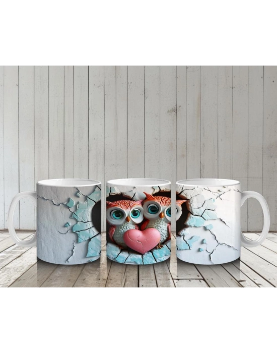 Çocuklara Sütü Sevdiren Duvarı Delip Bakan Kalp Baykuş Çifti Kupa Bardak