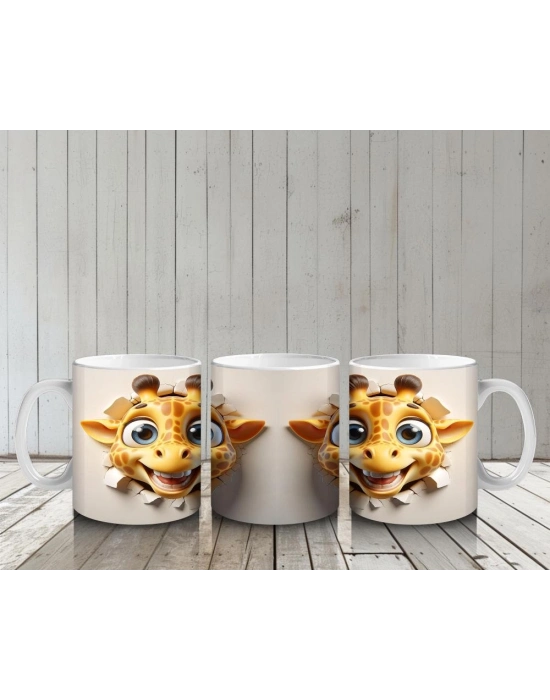 Çocuklara Sütü Sevdiren Duvarı Delip Bakan Neşeli Zürafa Kupa Bardak