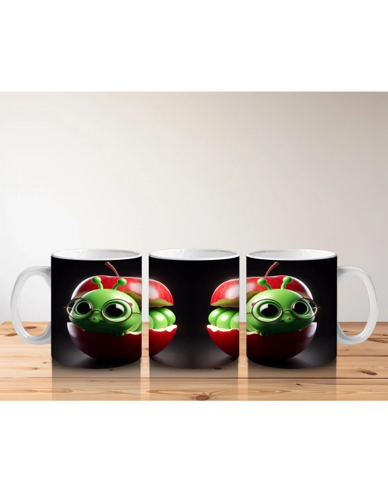 Çocuklara Sütü Sevdiren Elma İçindeki Neşeli Solucan Kupa Bardak