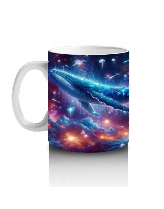 Çocuklara Sütü Sevdiren Galakside Yüzen Dev Mavi Balina Desenli Kupa Bardak