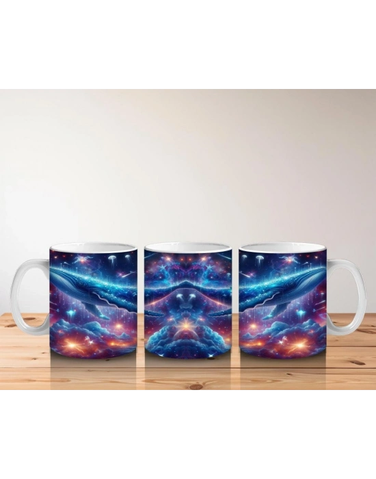 Çocuklara Sütü Sevdiren Galakside Yüzen Dev Mavi Balina Desenli Kupa Bardak