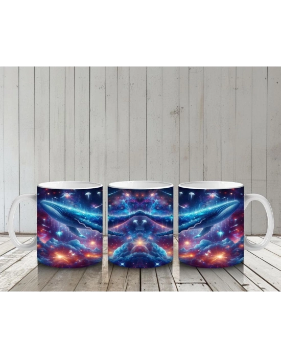 Çocuklara Sütü Sevdiren Galakside Yüzen Dev Mavi Balina Desenli Kupa Bardak