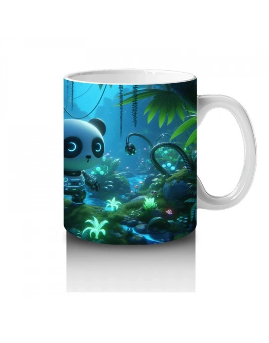 Çocuklara Sütü Sevdiren Gece Ormanında Işıklarla Parlayan Robotik Panda Desenli Kupa Bardak