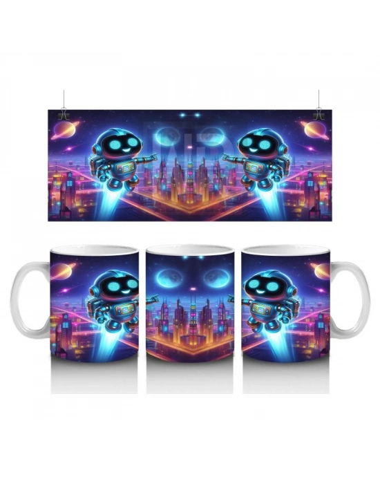 Çocuklara Sütü Sevdiren Gece Şehrinde Uçan Neşeli Robot Desenli Kupa Bardak