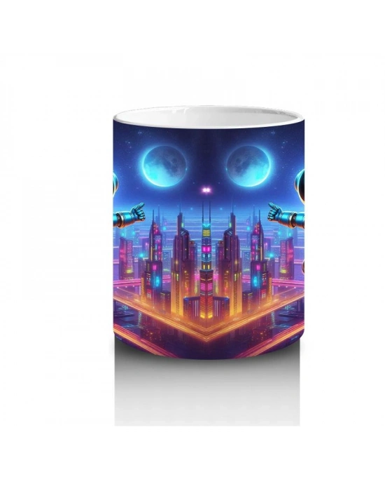 Çocuklara Sütü Sevdiren Gece Şehrinde Uçan Neşeli Robot Desenli Kupa Bardak