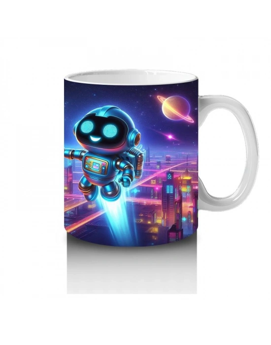 Çocuklara Sütü Sevdiren Gece Şehrinde Uçan Neşeli Robot Desenli Kupa Bardak