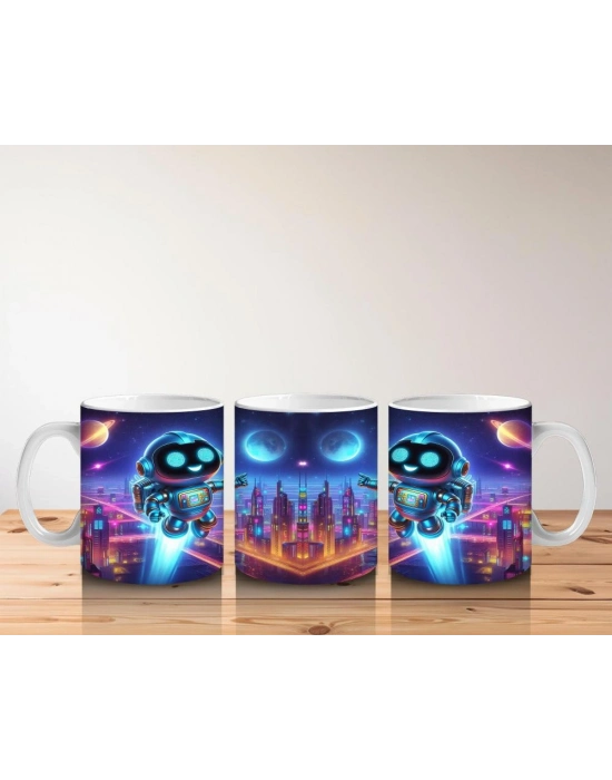 Çocuklara Sütü Sevdiren Gece Şehrinde Uçan Neşeli Robot Desenli Kupa Bardak