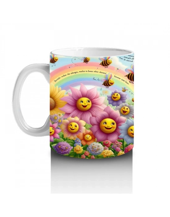 Çocuklara Sütü Sevdiren Gökkuşağı Altında Gülümseyen Çiçekler ve Uçuşan Arılar Desenli Kupa Bardak