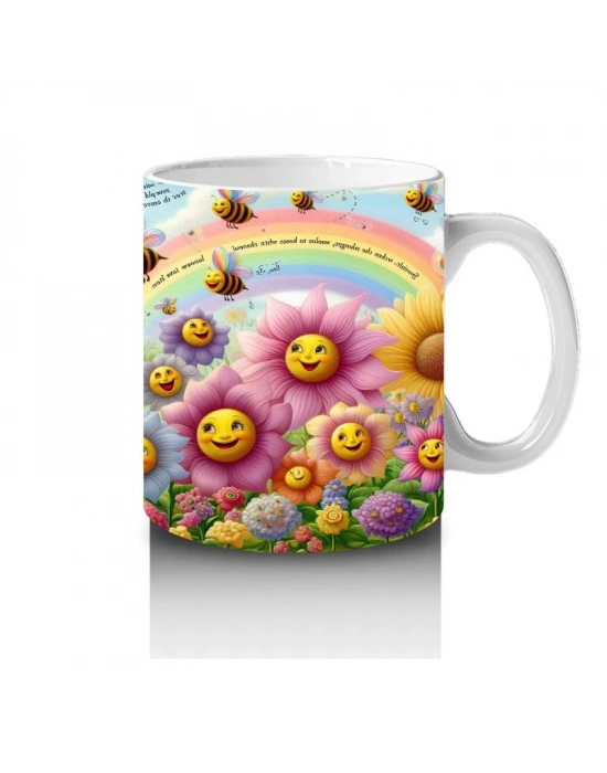 Çocuklara Sütü Sevdiren Gökkuşağı Altında Gülümseyen Çiçekler ve Uçuşan Arılar Desenli Kupa Bardak