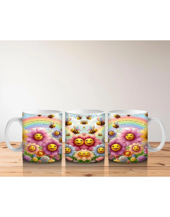 Çocuklara Sütü Sevdiren Gökkuşağı Altında Gülümseyen Çiçekler ve Uçuşan Arılar Desenli Kupa Bardak