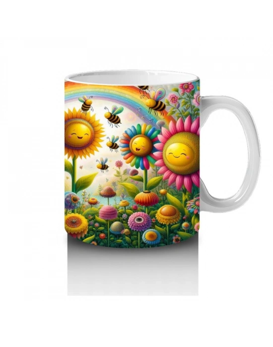 Çocuklara Sütü Sevdiren Gökkuşağı Altında Neşeli Çiçekler ve Arılar Desenli Kupa Bardak