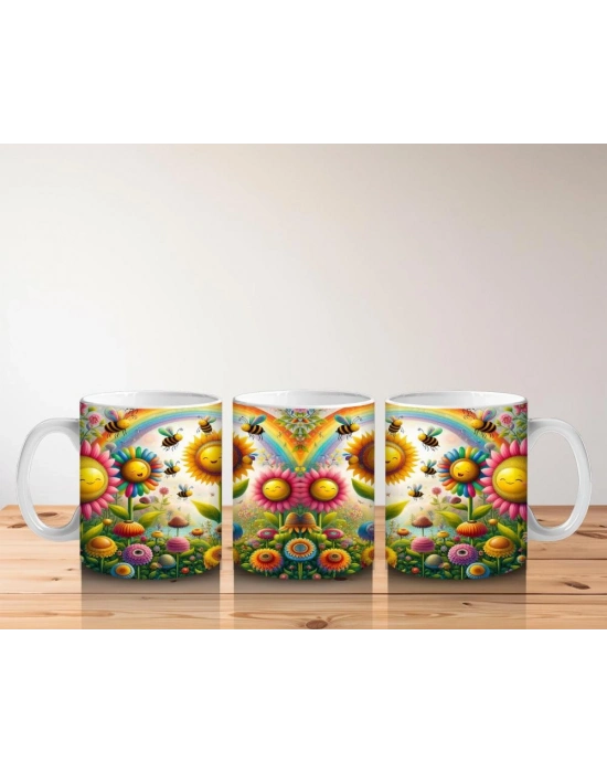 Çocuklara Sütü Sevdiren Gökkuşağı Altında Neşeli Çiçekler ve Arılar Desenli Kupa Bardak