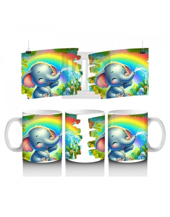 Çocuklara Sütü Sevdiren Gökkuşağı Altında Su Fışkırtan Sevimli Fil Desenli Kupa Bardak