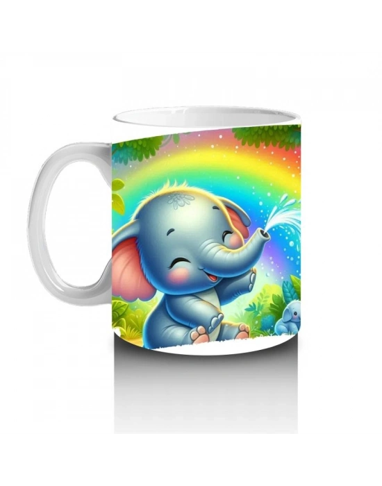 Çocuklara Sütü Sevdiren Gökkuşağı Altında Su Fışkırtan Sevimli Fil Desenli Kupa Bardak