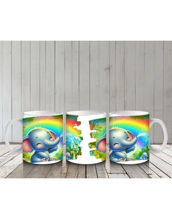 Çocuklara Sütü Sevdiren Gökkuşağı Altında Su Fışkırtan Sevimli Fil Desenli Kupa Bardak