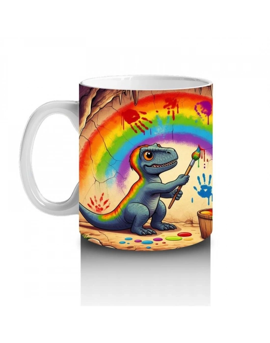 Çocuklara Sütü Sevdiren Gökkuşağı Çizen Sanatçı Dinozor Desenli Kupa Bardak