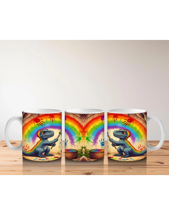 Çocuklara Sütü Sevdiren Gökkuşağı Çizen Sanatçı Dinozor Desenli Kupa Bardak