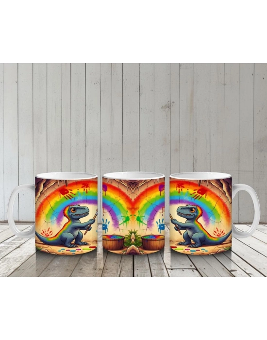 Çocuklara Sütü Sevdiren Gökkuşağı Çizen Sanatçı Dinozor Desenli Kupa Bardak