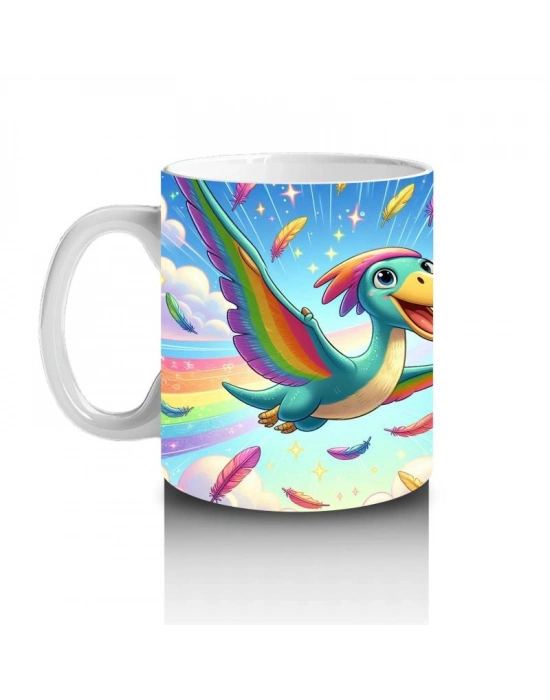 Çocuklara Sütü Sevdiren Gökkuşağı Kanatlı Dino Kuş Kupa Bardak
