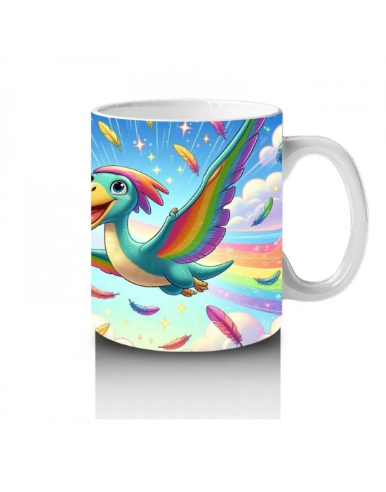 Çocuklara Sütü Sevdiren Gökkuşağı Kanatlı Dino Kuş Kupa Bardak