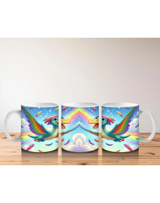 Çocuklara Sütü Sevdiren Gökkuşağı Kanatlı Dino Kuş Kupa Bardak